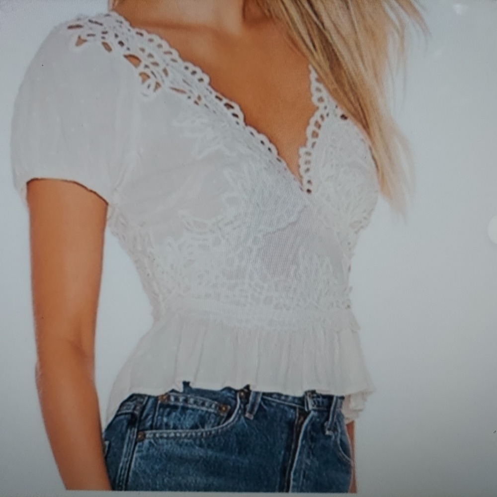 Free People Women Cotton Eyelet Peplum Top XS White Boho Lace V-Neck Cap Sleeve